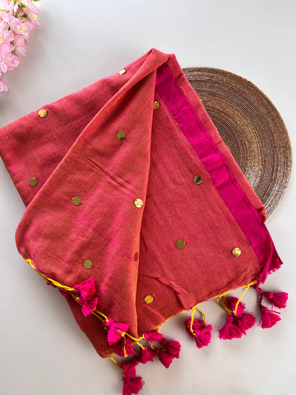 Peach Pink Mul Cotton Sequence Saree