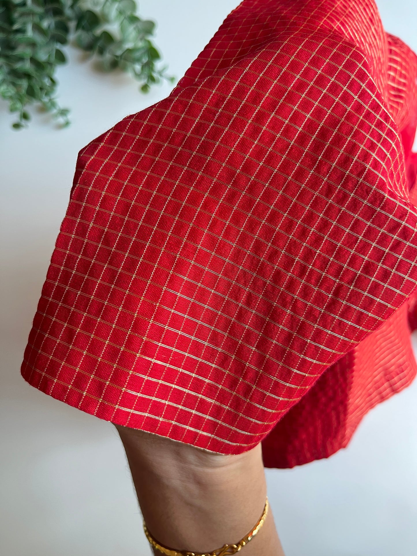 Red Check Puff Sleeve Blouse