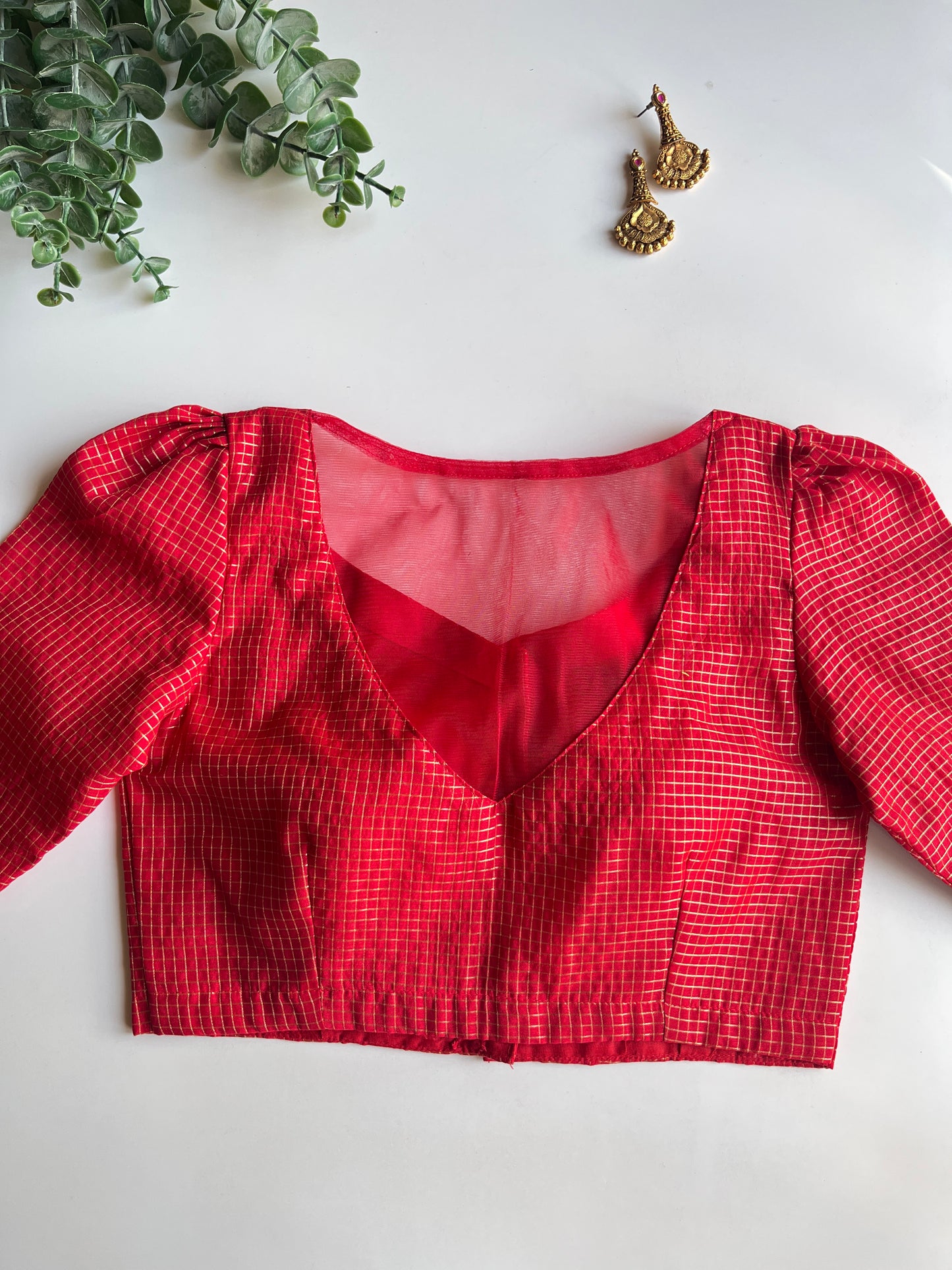 Red Check Puff Sleeve Blouse
