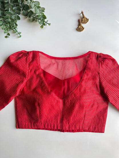 Red Check Puff Sleeve Blouse