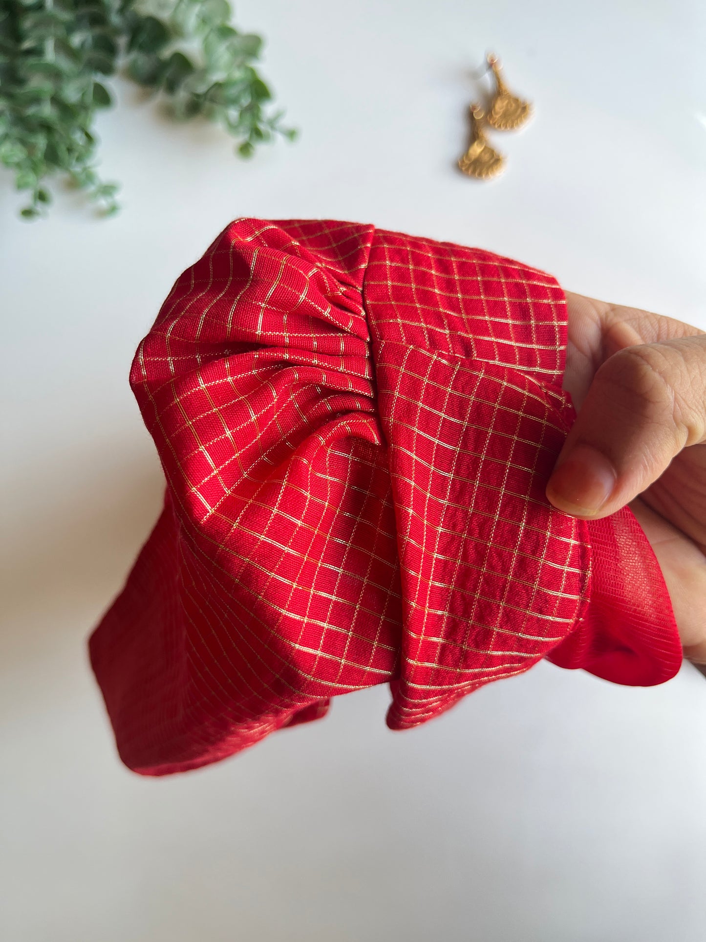Red Check Puff Sleeve Blouse