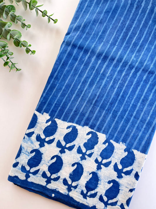 Indigo Stripes Block Printed Cotton Saree