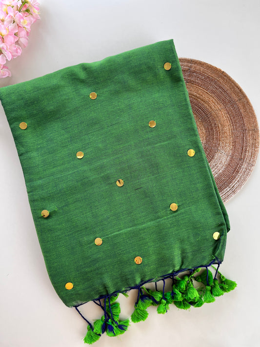 Green Mul Cotton Sequence Saree