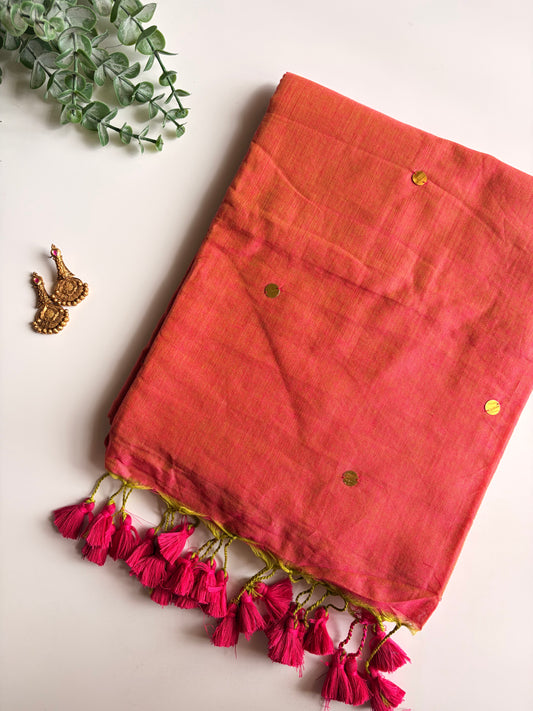 Pink and Green Mul Cotton Sequence Saree