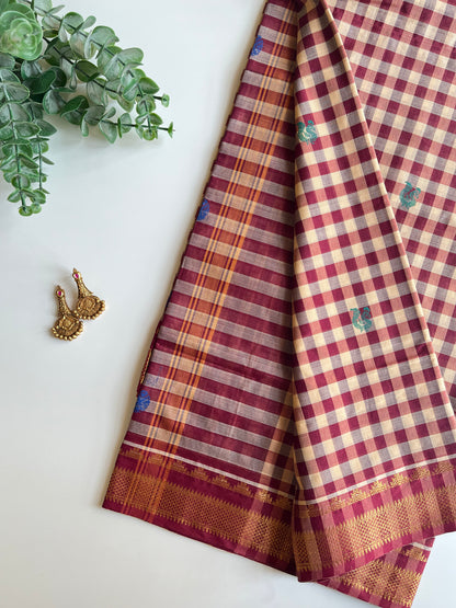 Check Saree & Maroon Scallop Blouse