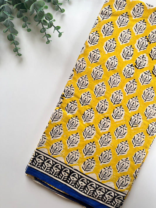 Yellow and Indigo Block Printed Saree