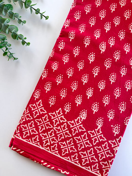 Vermillion Red Block Printed Cotton Saree