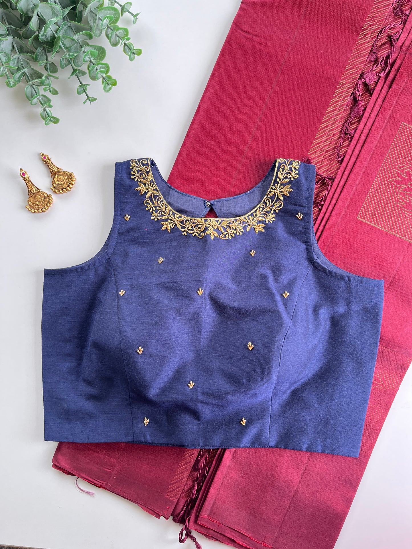 Maroon Soft Silk Saree & Navy Blue Blouse