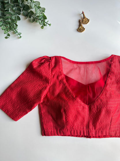 Red Check Puff Sleeve Blouse
