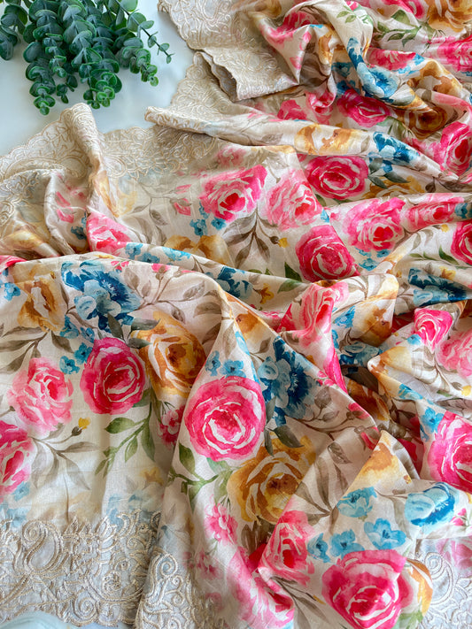 Nyra Saree in Beige & Pink