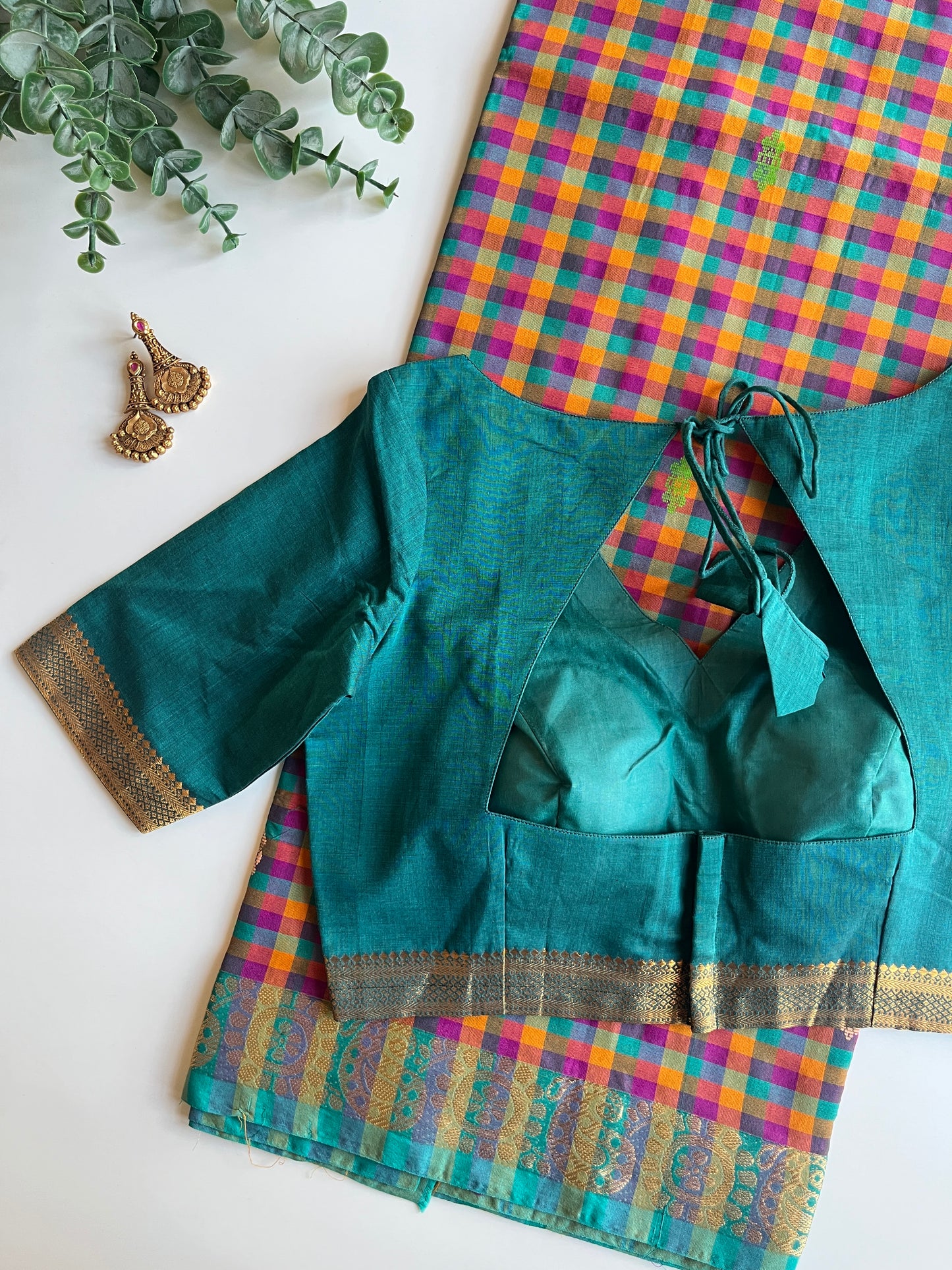 Check Saree & Green Border Blouse