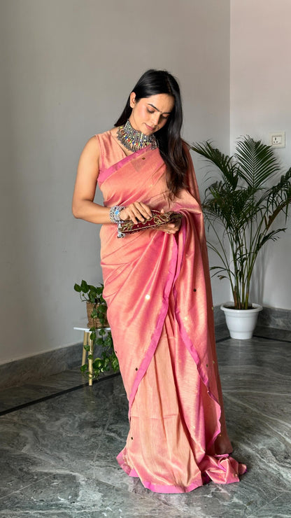 Blush Pink Mul Cotton Saree & Stitched Blouse