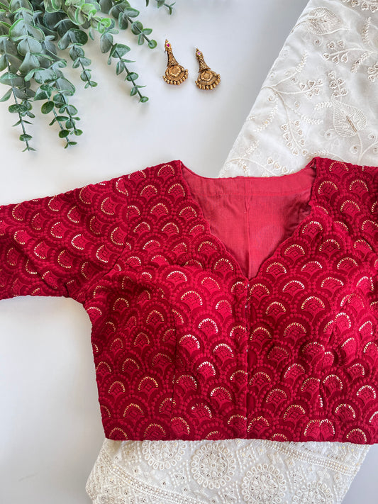 Chikankari Saree & Red Blouse
