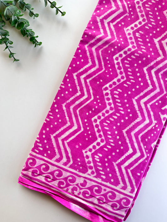 Pink Zigzag Block Printed Cotton Saree