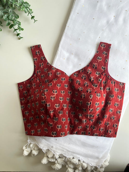 White Mul Cotton Saree & Red Ajrakh Blouse