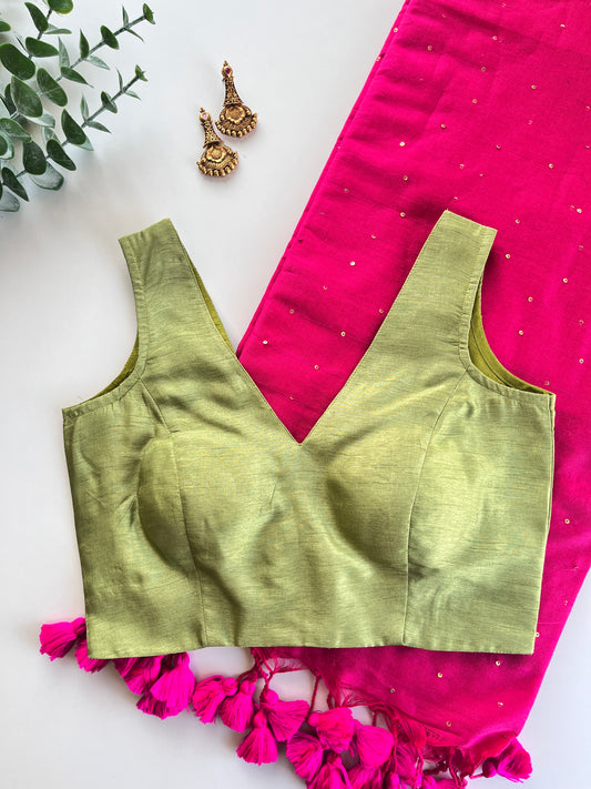 Pink Mul saree and Pastel Green Blouse