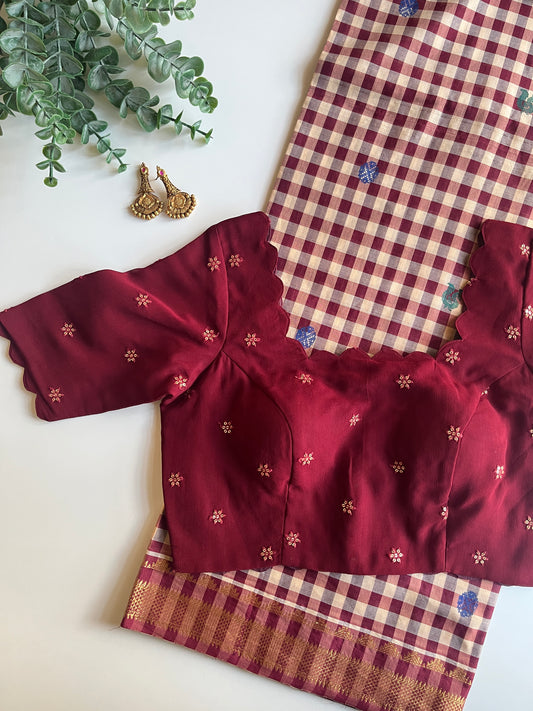 Check Saree & Maroon Scallop Blouse