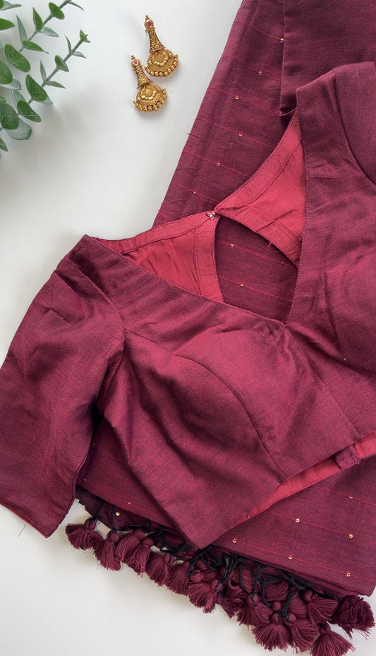 Maroon Mul Cotton Sequnce saree & blouse