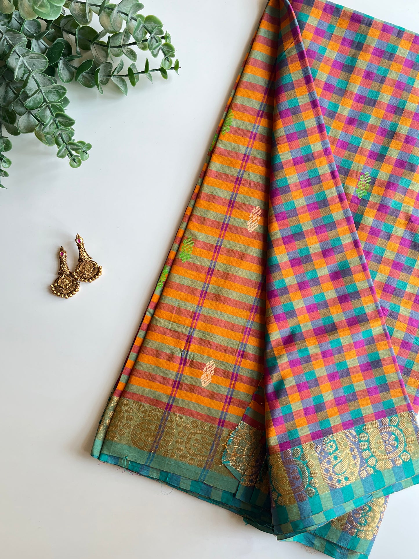 Check Saree & Green Border Blouse