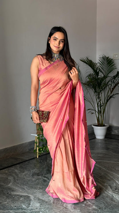 Blush Pink Mul Cotton Saree & Stitched Blouse