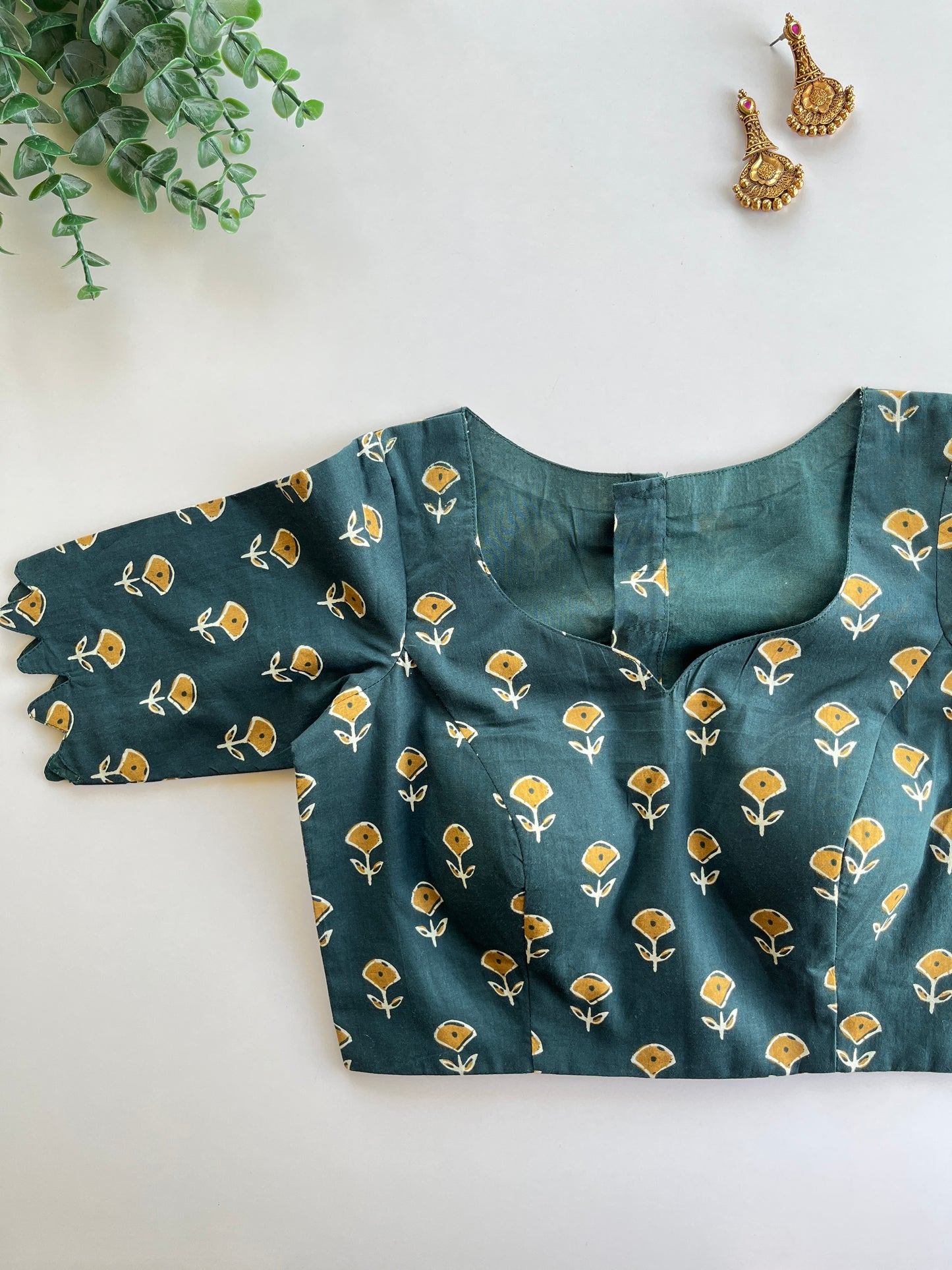 Dark Green & Mustard Cotton Blouse