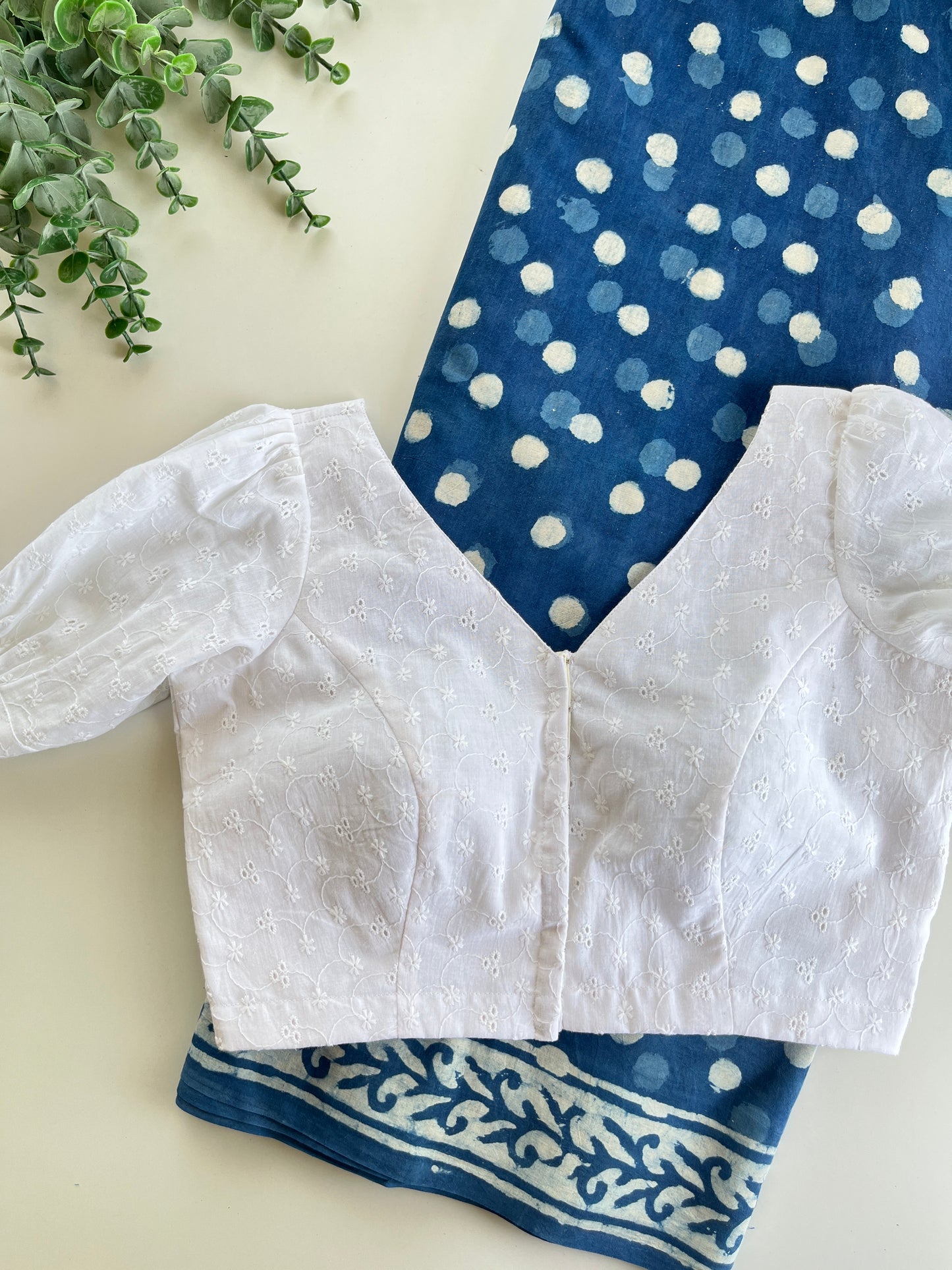 Indigo Saree & White Hakoba Blouse