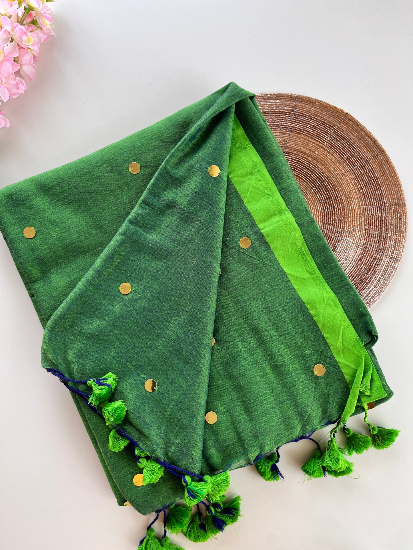 Green Mul Cotton Sequence Saree