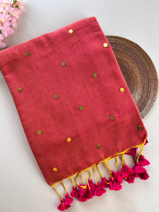 Peach Pink Mul Cotton Sequence Saree