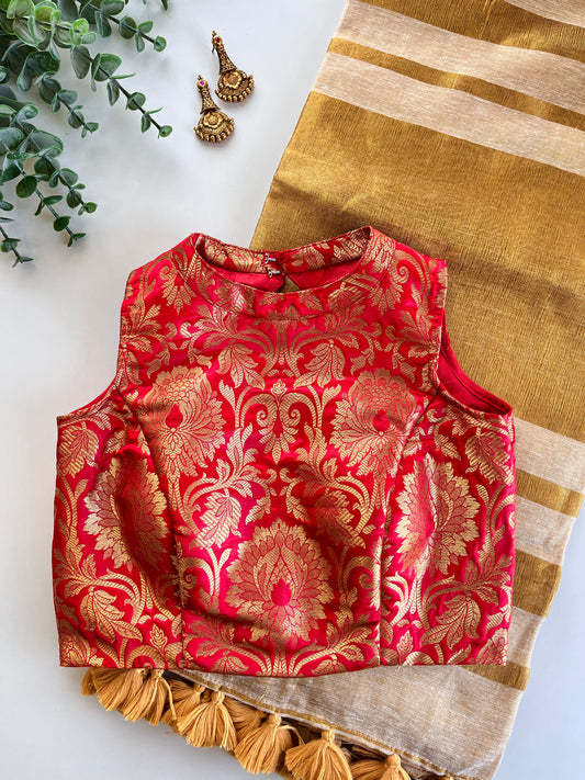 Linen Golden Saree and Red Brocade Blouse