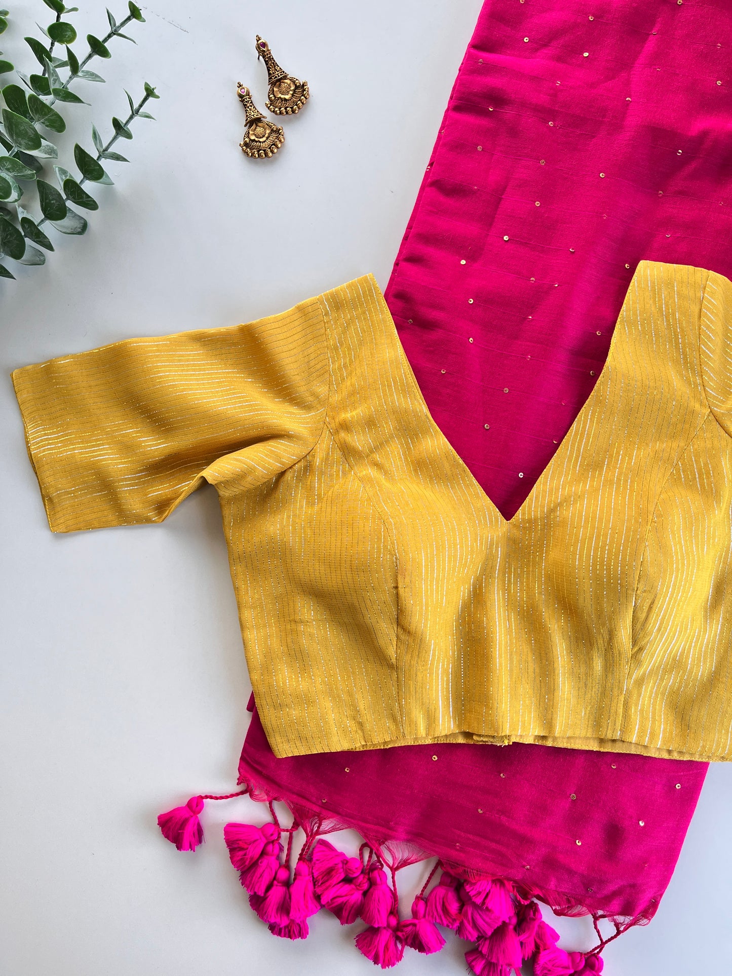 Pink Mul saree and Yellow Blouse