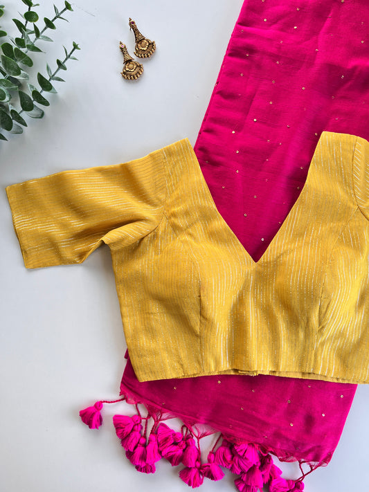 Pink Mul saree and Yellow Blouse