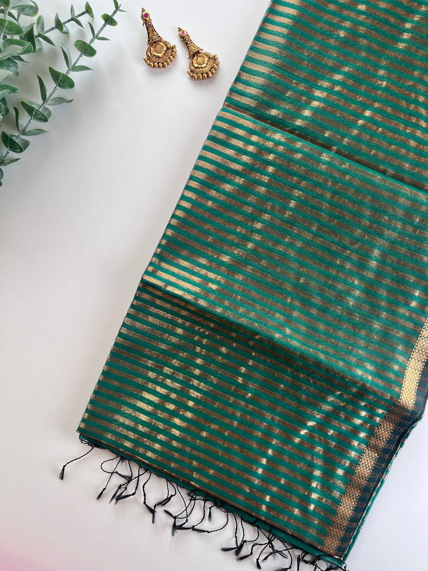 Green Stripes Maheshwari Cotton Silk Saree