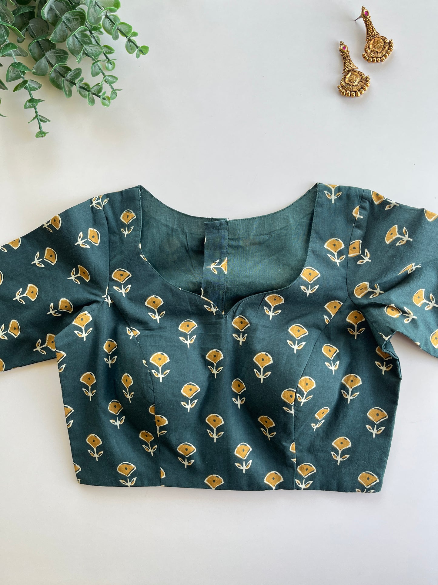 Dark Green & Mustard Cotton Blouse