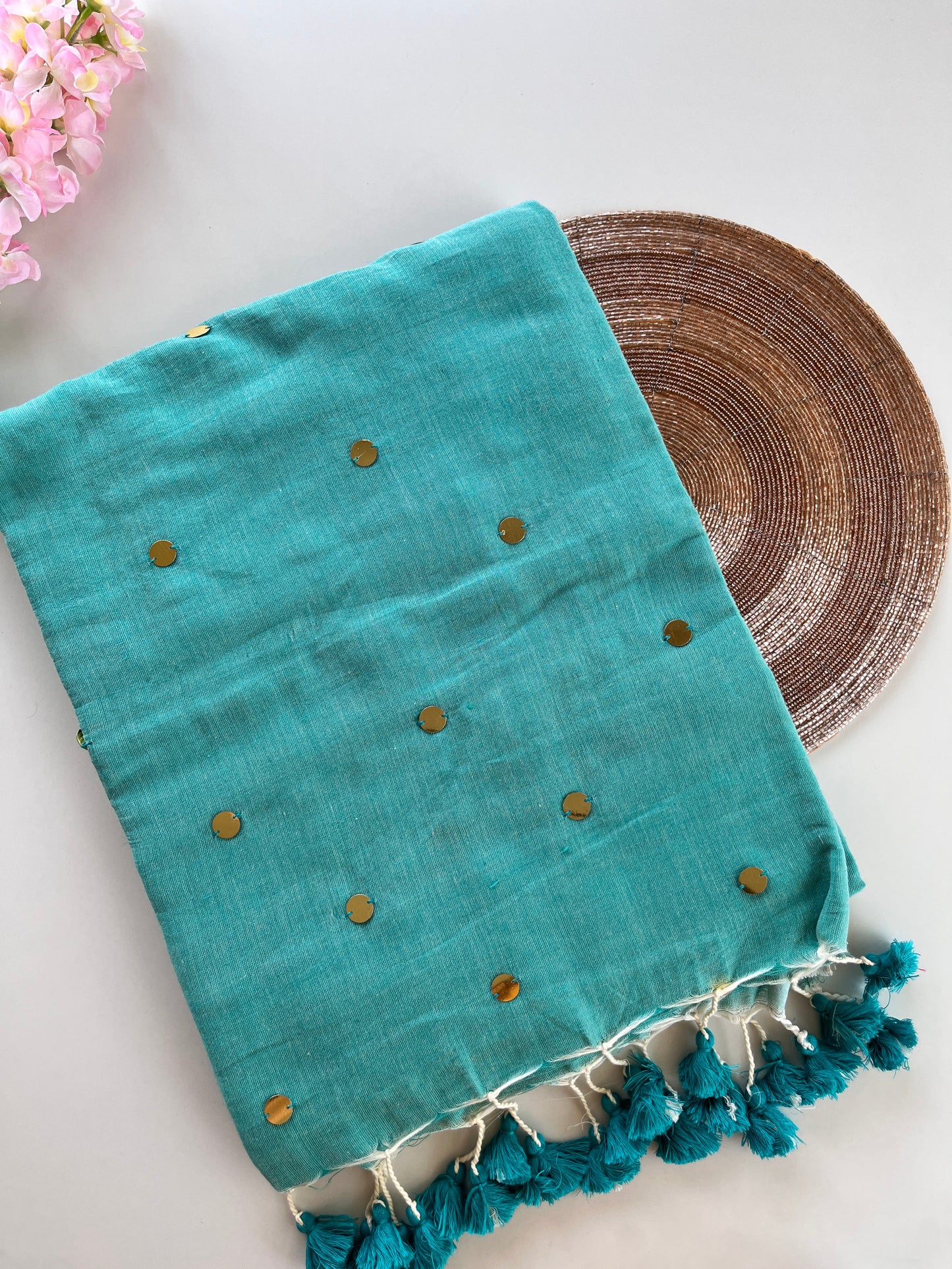 Sky Blue Mul Cotton Sequence Saree