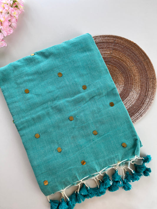 Sky Blue Mul Cotton Sequence Saree