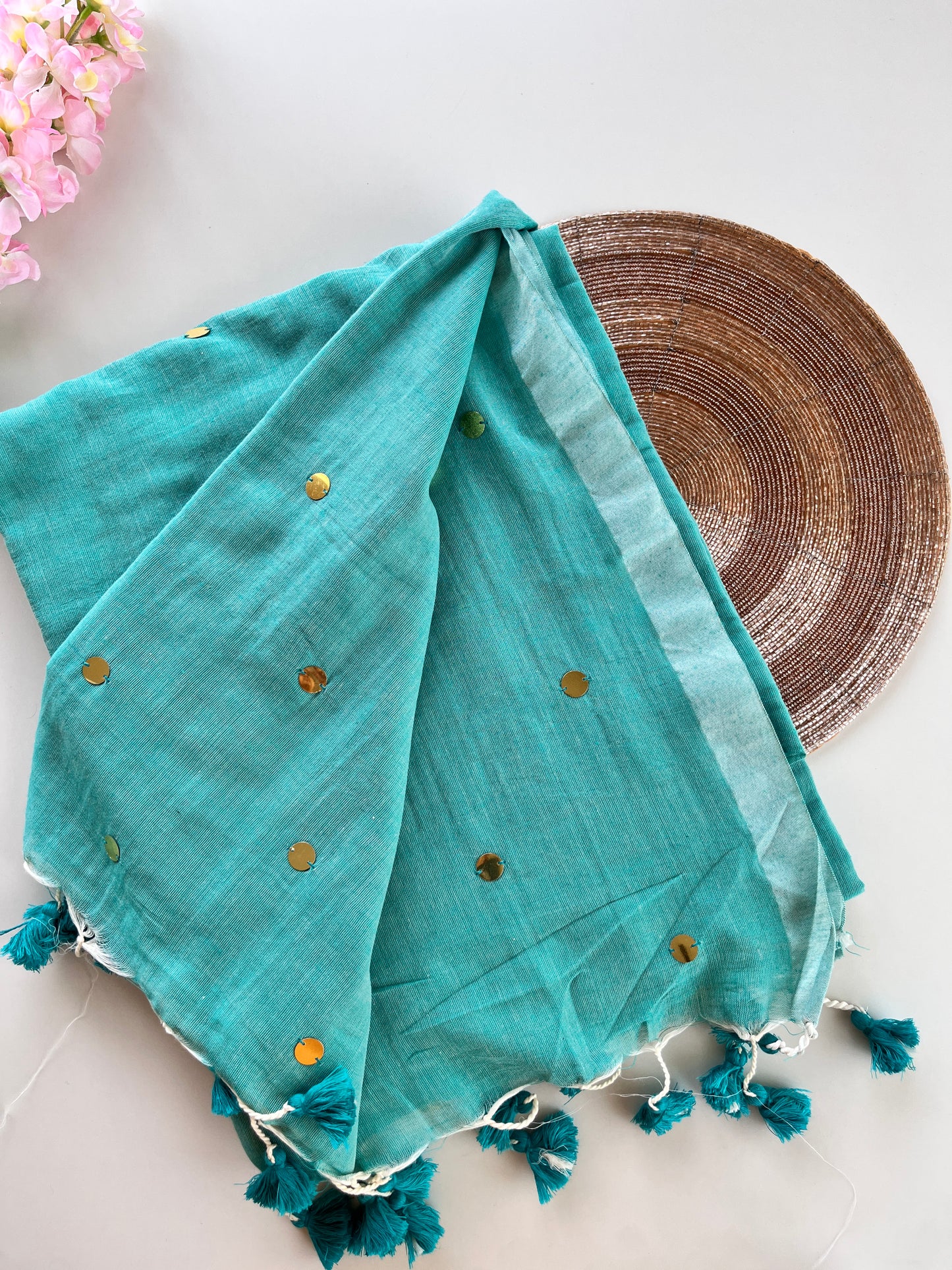 Sky Blue Mul Cotton Sequence Saree