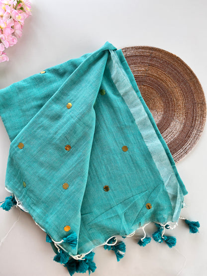 Sky Blue Mul Cotton Sequence Saree