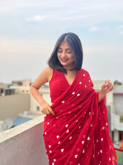 Red Embroidered Mul cotton saree