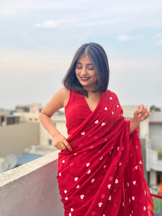 Red Embroidered Mul cotton saree