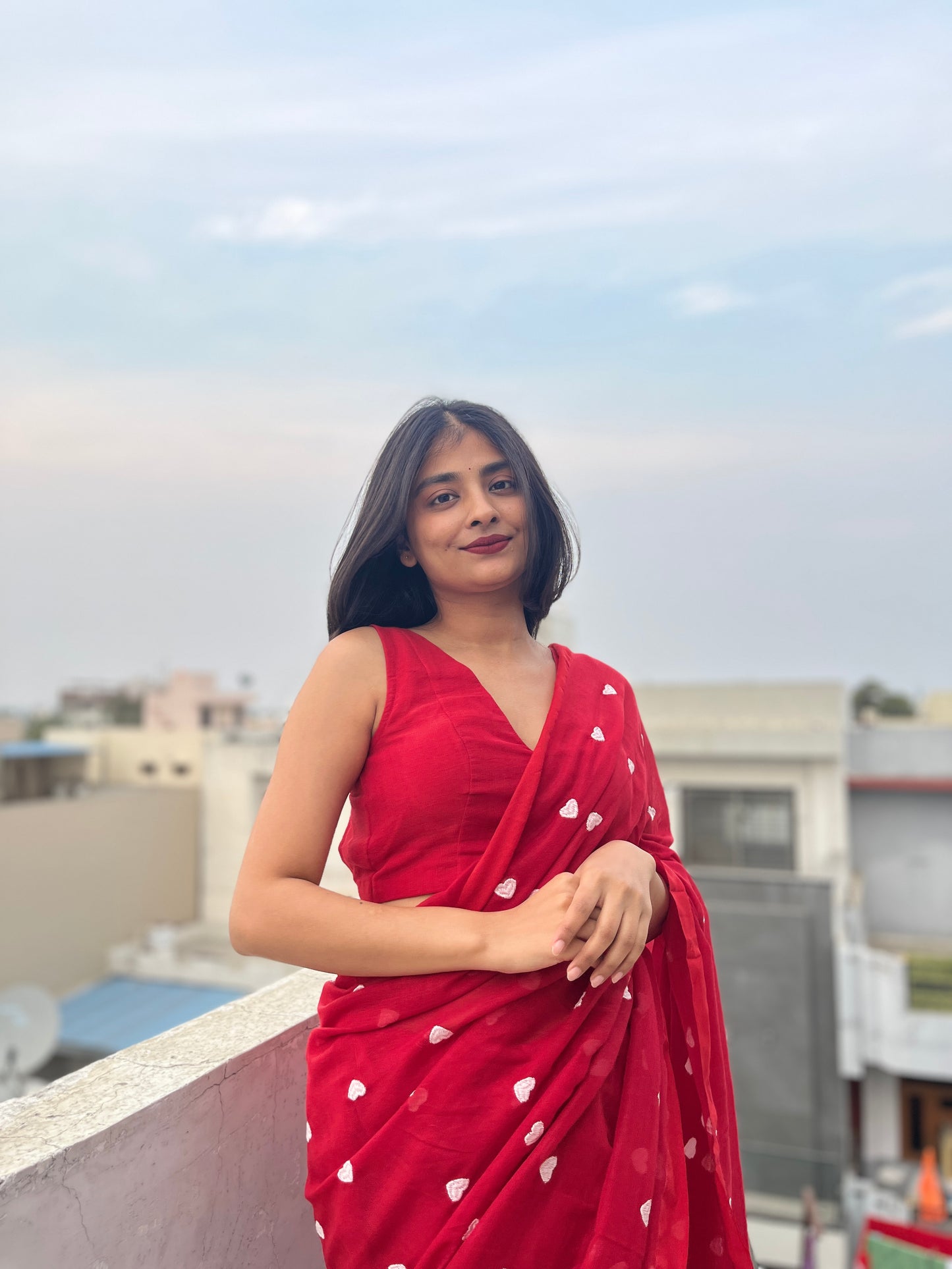 Red Embroidered Mul cotton saree