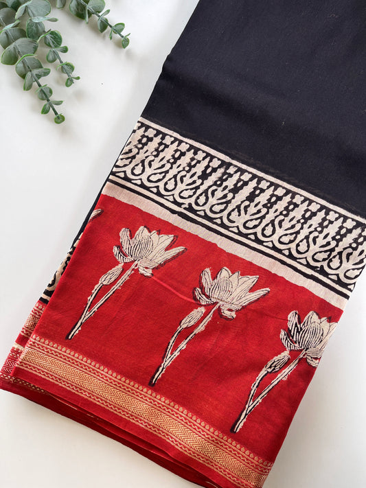 Black and Red Cotton Silk Saree