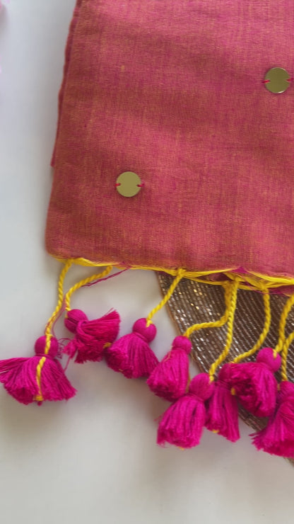 Peach Pink Mul Cotton Sequence Saree